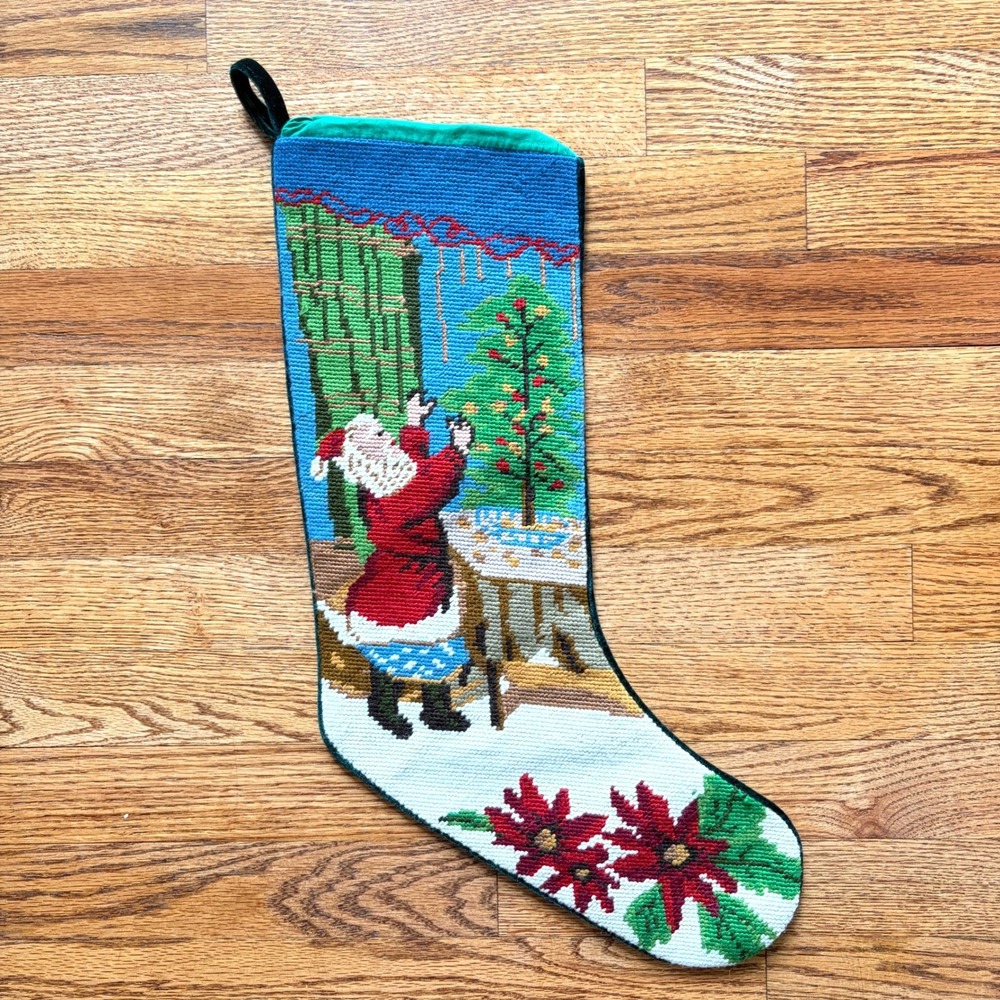Vintage Needlepoint Christmas Stocking Santa Decorating Tree Poinsettia Velvet